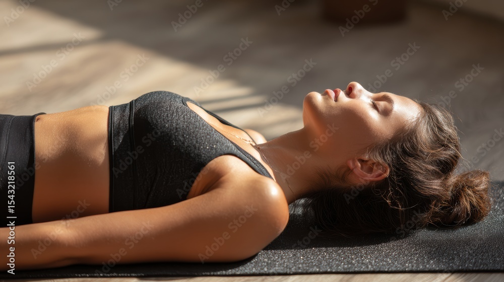Obraz premium A serene woman rests on a yoga mat, embracing tranquility in a sunlit room during her meditation practice.