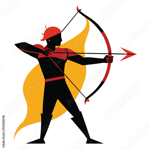 Black Archer Silhouette Red Bow Gold Cape Aiming Arrow