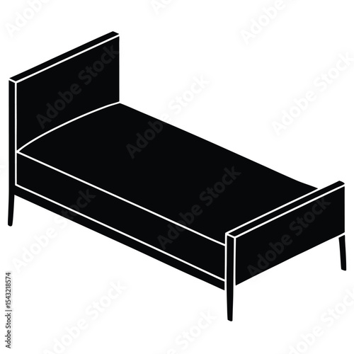 Black and white isometric illustration of a simple single bed for home decor and design projects