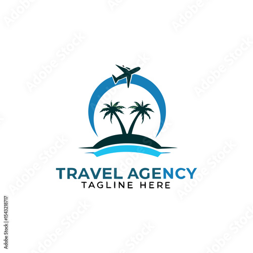 Travel agency vector logo with palm tree, aeroplane, global map, sun, and birds featuring logo for travel company 