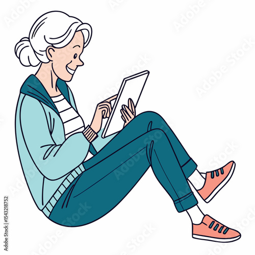 Senior woman using tablet, clean cutout, transparent background