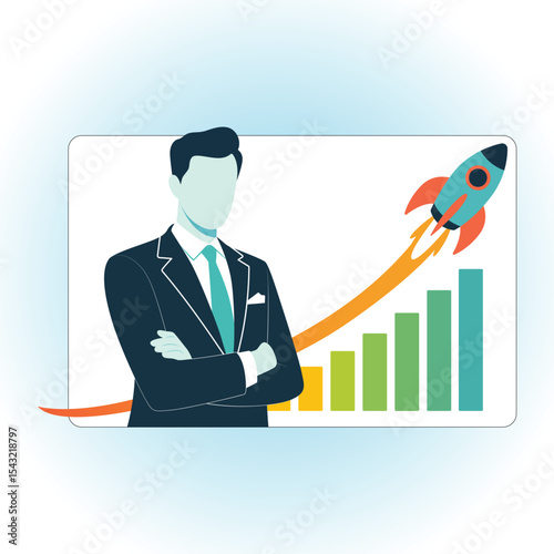 Flat business-themed illustration showing a faceless professional with a rising graph and rocket, symbolizing growth, progress, and success.