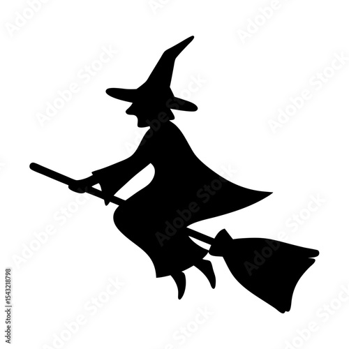 Silhouette of a Witch Flying on a Broomstick Against a White Background