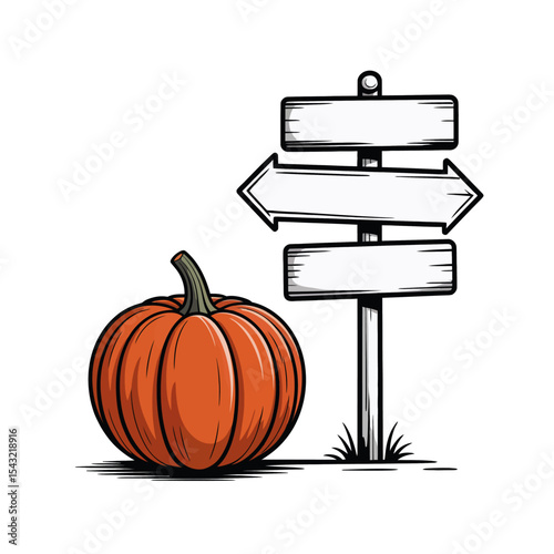 Large orange pumpkin beside blank wooden signpost. Autumn farm, Halloween decoration, fall harvest, pumpkin patch, seasonal marketing, rustic setting.