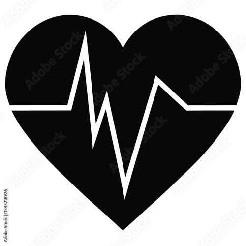 Black heart shape with white heartbeat line representing cardiology and healthy living