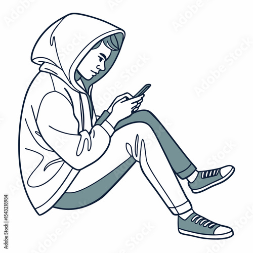 Young person sitting hooded sweatshirt using smartphone