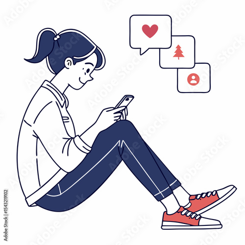 Young woman sits using smartphone social media likes