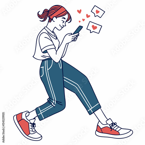 Happy woman walking using smartphone receiving love reactions