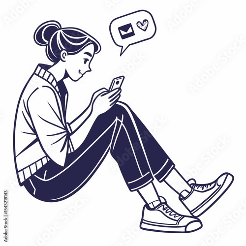 Young woman sitting using smartphone receiving love message