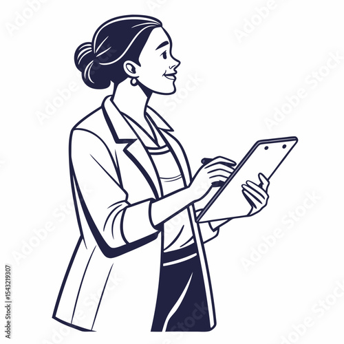 Woman in business attire writing on clipboard smiling