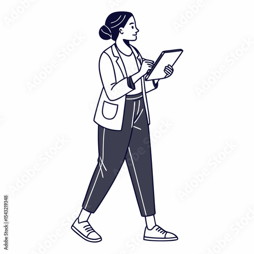Young woman walking using tablet digital device modern lifestyle