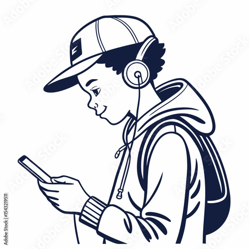 Boy listening music headphones smartphone backpack stylish teenager