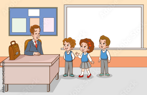 Classroom with students and teacher. Lesson. Teacher and students are talking in the classroom. Primary school children. Children are listening to the teacher. Primary school children.