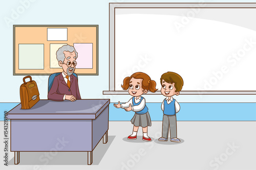 Classroom with students and teacher. Lesson. Teacher and students are talking in the classroom. Primary school children. Children are listening to the teacher. Primary school children.