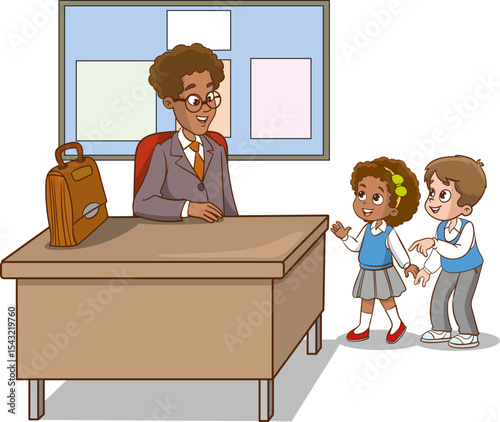 Classroom with students and teacher. Lesson. Teacher and students are talking in the classroom. Primary school children. Children are listening to the teacher. Primary school children.