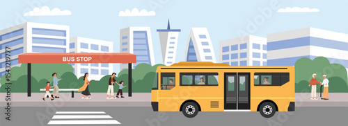Bus shelter illustration. Bus stop. Public transportation. Bus stop shelter in the city. People waiting bus stop. People at halt.