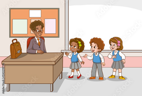 Classroom with students and teacher. Lesson. Teacher and students are talking in the classroom. Primary school children. Children are listening to the teacher. Primary school children.
