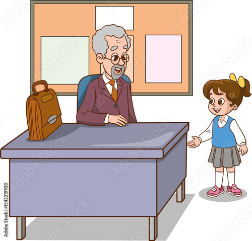 Classroom with students and teacher. Lesson. Teacher and students are talking in the classroom. Primary school children. Children are listening to the teacher. Primary school children.