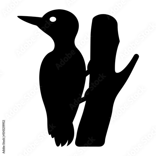 Simple black and white image of a woodpecker clinging to a branch