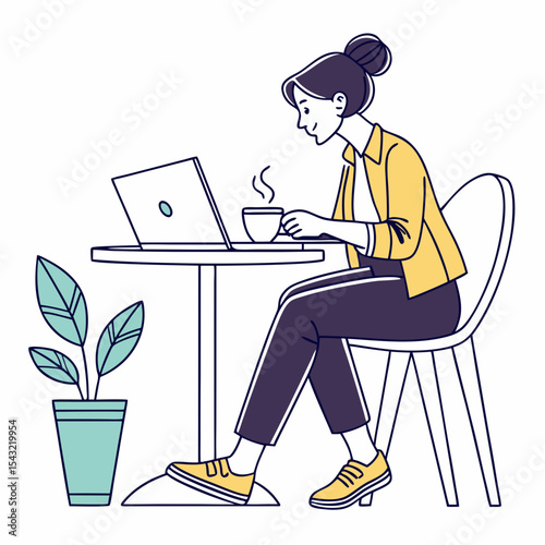 Woman working on laptop at cafe enjoying coffee break