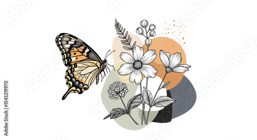 Delicate Butterfly Art Piece with Geometric Floral Compositions and Abstract Shapes in White Background