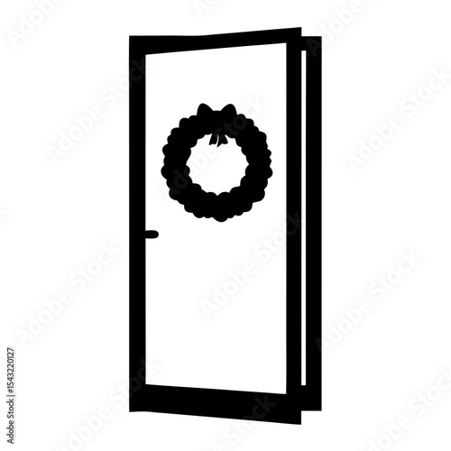 Open door with Christmas wreath black and white vector illustration