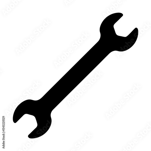 A simple black silhouette of an open end wrench on white background