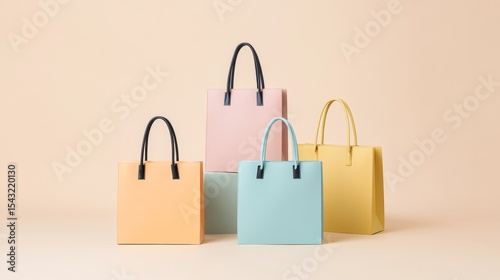 Pastel Shopping Bags on Beige Background, a vibrant display of stylish bags with elegant handles, set against a soft, neutral backdrop.