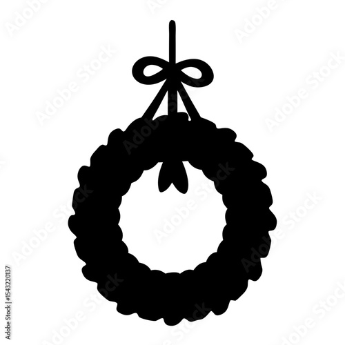 Elegant Christmas Wreath Silhouette with Bow Decoration, Symbol of Festive Celebrations