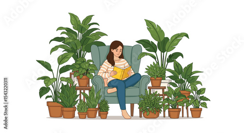 Indoor Oasis A Woman Lost in a Book Surrounded by Lush Green Plants