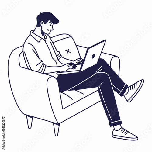 Young man relaxing on comfy armchair using laptop computer