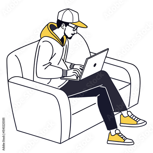 Young man working on laptop comfortable couch home office