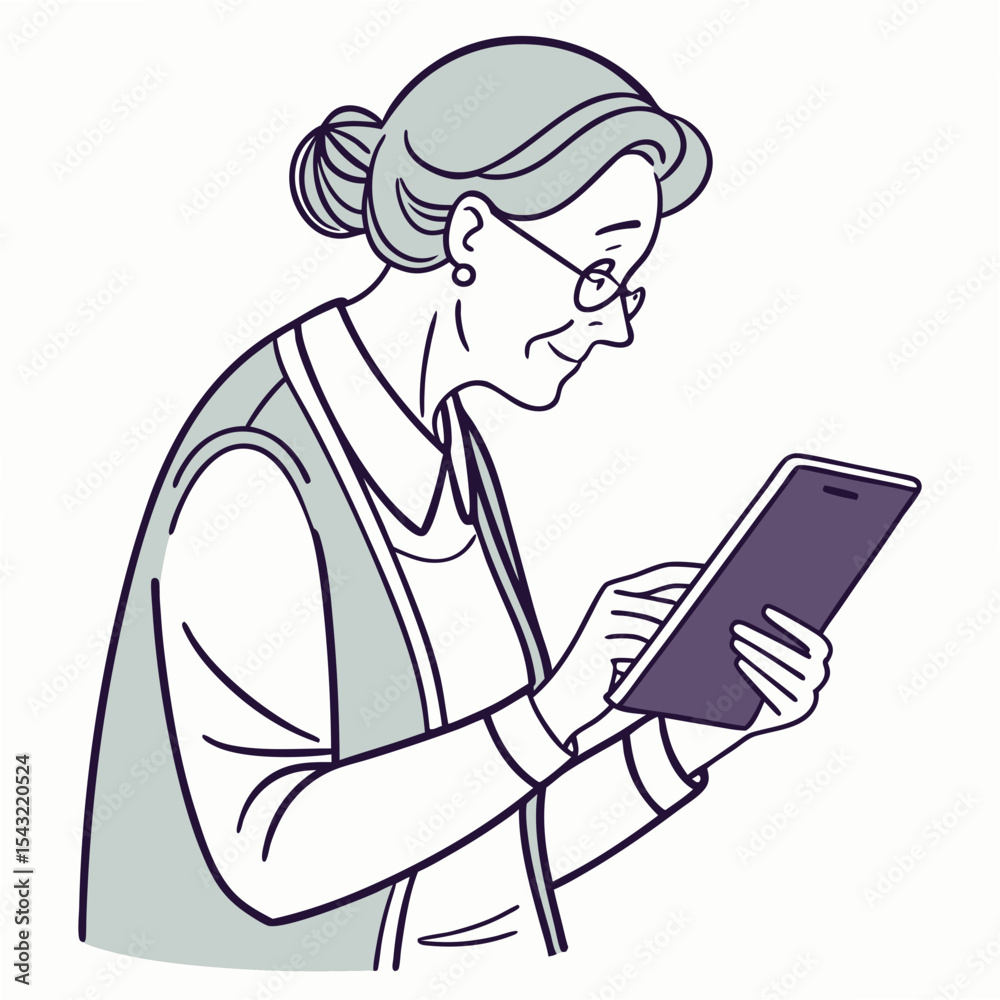 Elderly woman using tablet computer clean cutout illustration Elderly woman using tablet computer clean cutout illustration