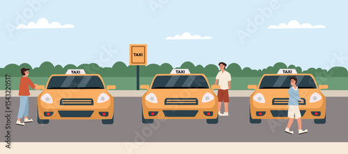 Taxi driver at cabstand. Taxi rank. Taxi drop. Taxi stand. Yellow car. Pickup service. Public transportation. City park. Cityscape. 