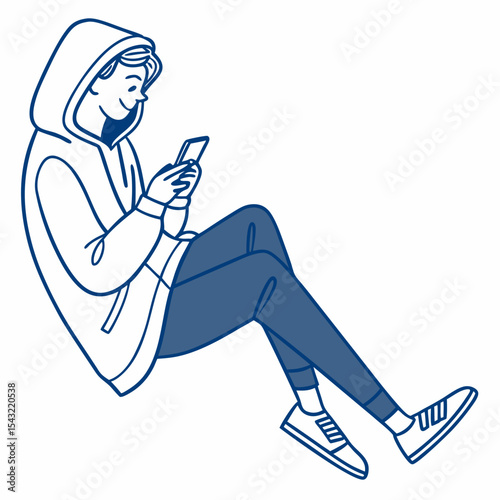 Young person in hoodie using smartphone sitting casually