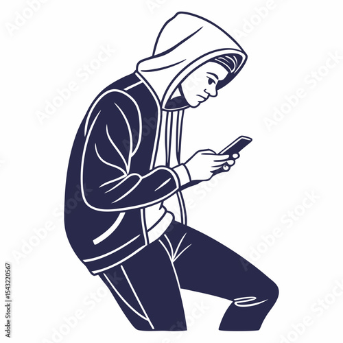 Young man in hoodie using smartphone modern illustration