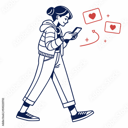 Walking woman using smartphone social media likes