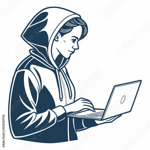 Woman in hoodie using laptop computer digital nomad
