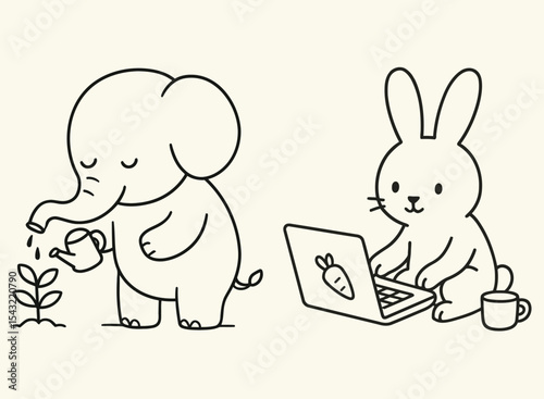  Elephant Gardener and Bunny with Laptop – Cute Minimalist Animal Line Art
