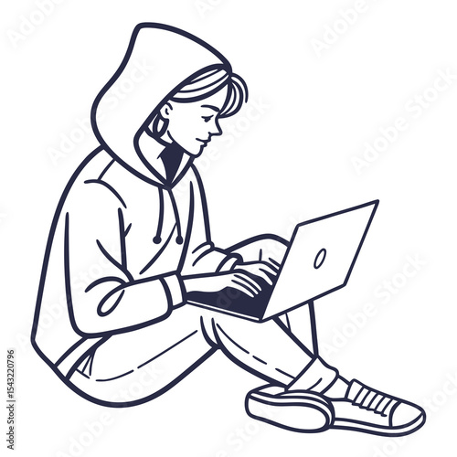 Young woman in hoodie using laptop computer sitting on floor