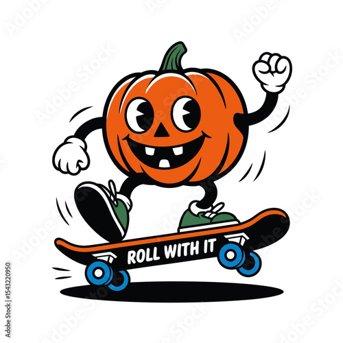 Happy skateboarding pumpkin joyfully rolls. Perfect for Halloween greeting cards, social media posts, fallthemed designs, and seasonal decorations.