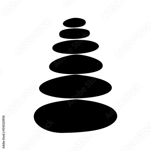 Stacked black oval stones signifying balance, harmony and zen on a white background