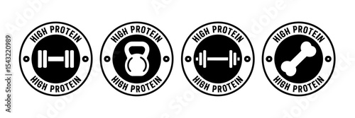 High Protein Badge Icon Set. Fitness and Nutrition Label Symbols