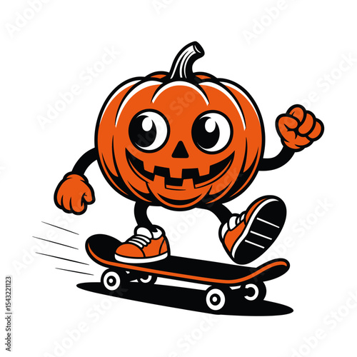 Happy pumpkin skateboarding cartoon ideal for fallthemed designs, Halloween illustrations, childrens books, greeting cards, and seasonal promotions with a fun touch.