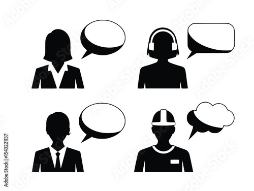 Business Communication Icons Set featuring diverse professionals with speech bubbles for effective teamwork and customer service discussions, silhouette