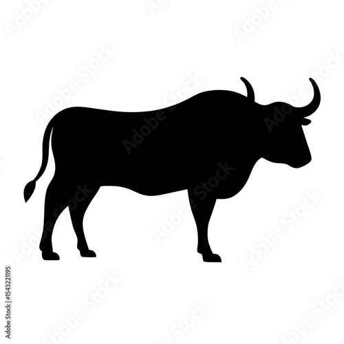 Silhouette of a powerful bull standing tall against a white background