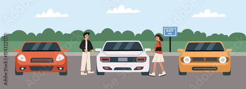 People at parking lot. Cars at parking place. Garage. Electric car. Car from front view. Passenger. People parking car. Couple by a Yellow Car Near Exit Sign