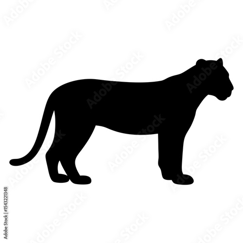 A solitary black panther or jaguar silhouette stands gracefully on white background