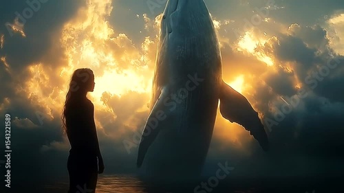 A woman gazes in awe at a majestic whale breaching the water under a dramatic sunset sky