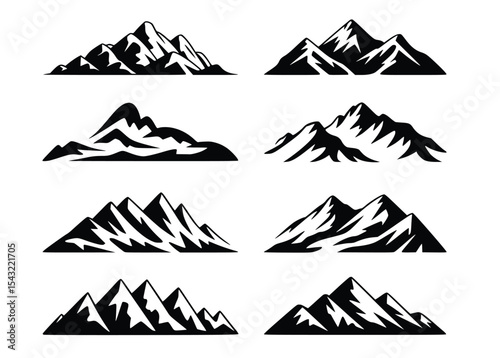 Majestic Mountain Peak Illustrations Black and White Graphic Design Elements for Nature Branding, silhouette